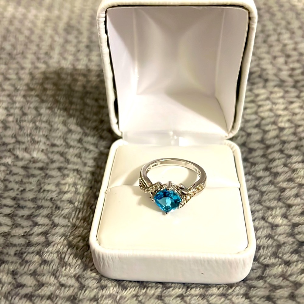 Cushion Cut Blue & White Topaz Sterling Silver Designer Ring